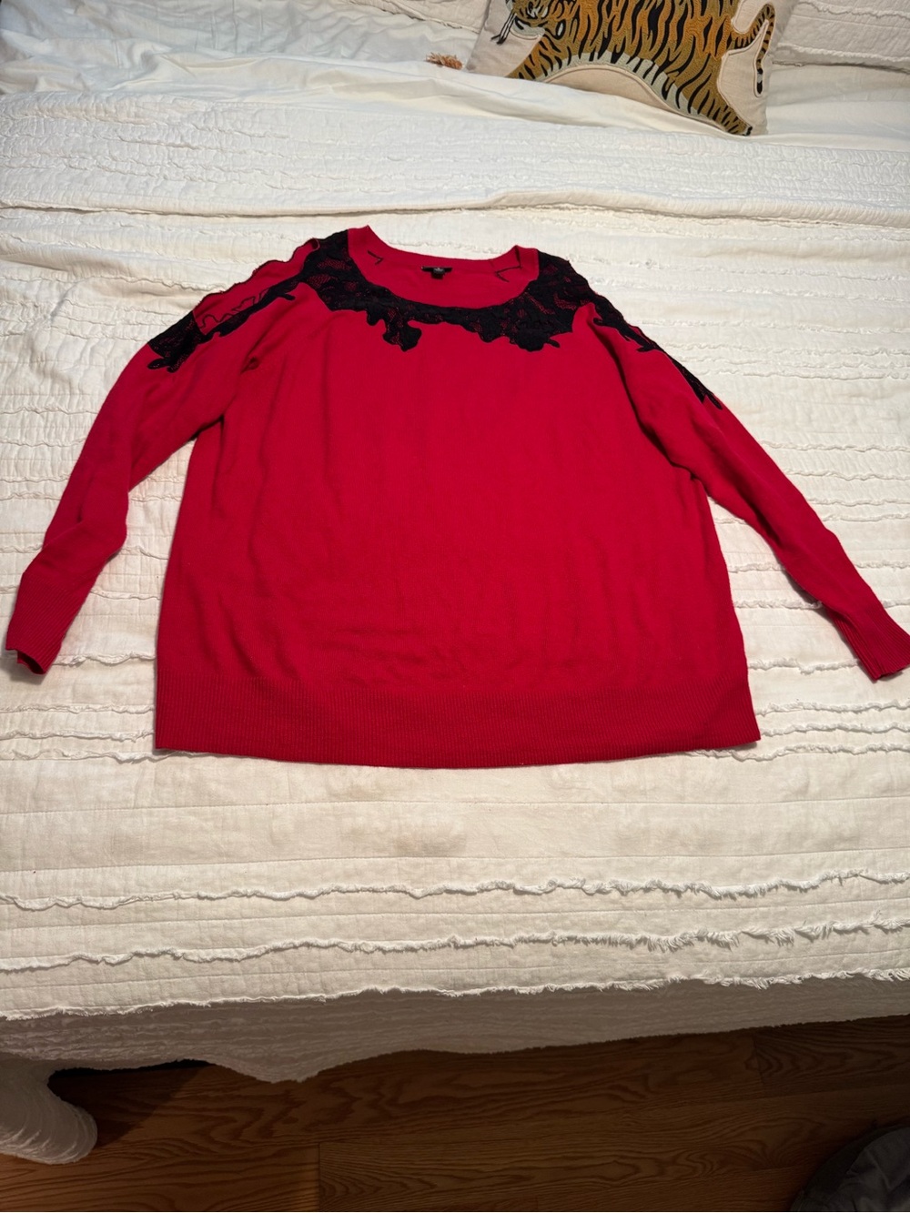 torrid Red Crew Neck Sweater with Black Lace Trim